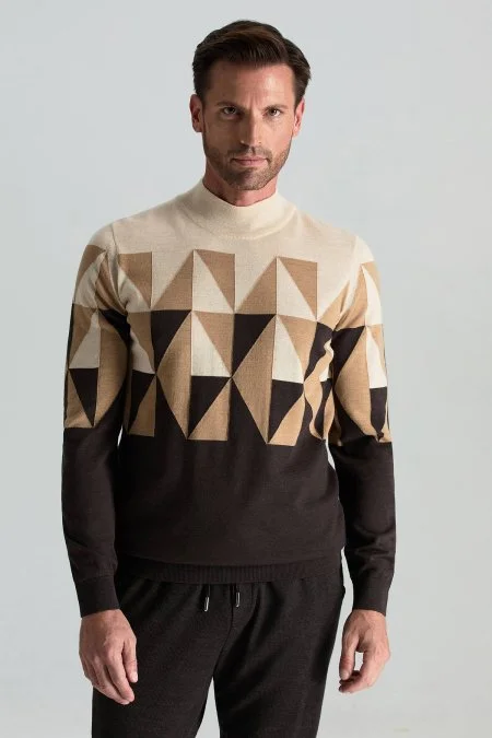 Merino Yün Lupetto Yaka Desenli Kahverengi Triko
