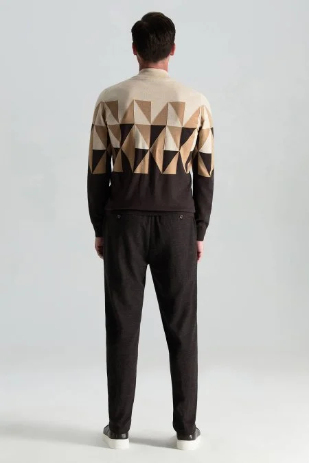 Merino Yün Lupetto Yaka Desenli Kahverengi Triko