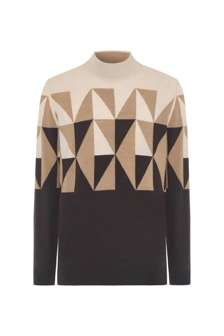 Merino Yün Lupetto Yaka Desenli Kahverengi Triko