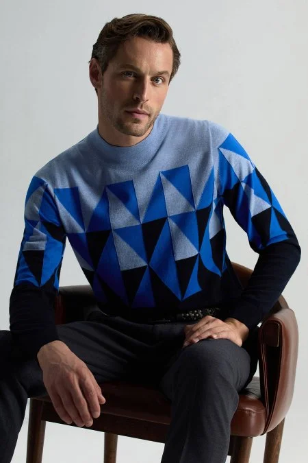 Merino Yün Lupetto Yaka Desenli Lacivert Triko