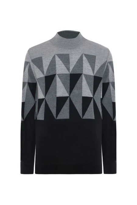 Merino Yün Lupetto Yaka Desenli Siyah Triko