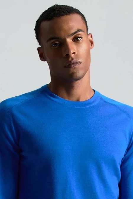 Merino Yün Mavi Bisiklet Yaka Triko