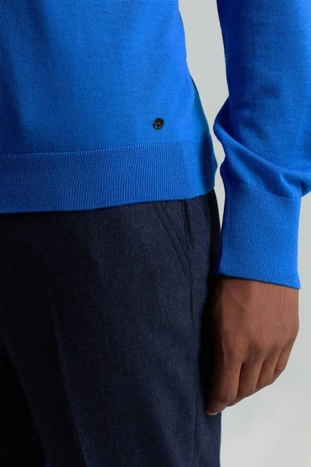 Merino Yün Mavi Bisiklet Yaka Triko