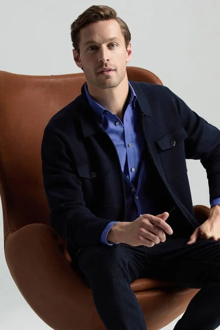 Merino Yün Metal Düğme Cepli Lacivert Triko Ceket