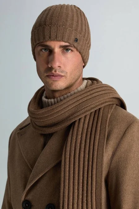 Örgü Desenli Tütün Rengi Merino Yün Su İtici Bere