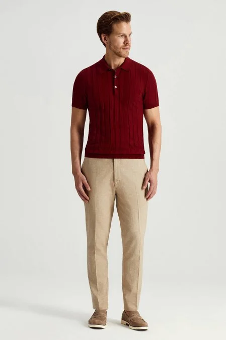 Merino Yün Pamuk Karışım Şerit Desenli Bordo Triko Polo