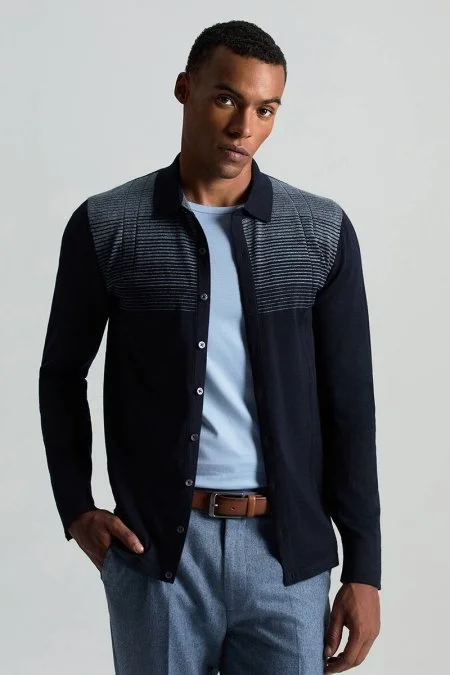 Merino Yün Pamuk Karışım Şerit Desenli Lacivert Triko Gömlek