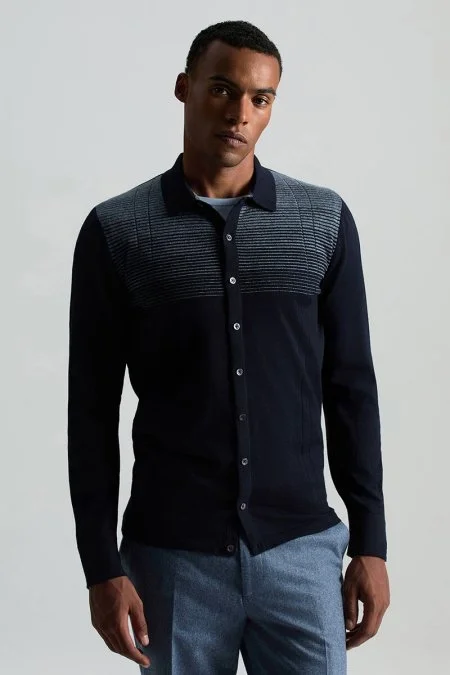 Merino Yün Pamuk Karışım Şerit Desenli Lacivert Triko Gömlek