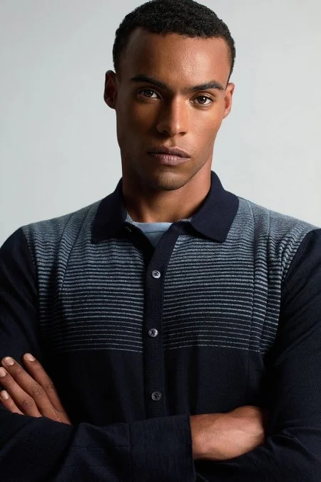 Merino Yün Pamuk Karışım Şerit Desenli Lacivert Triko Gömlek