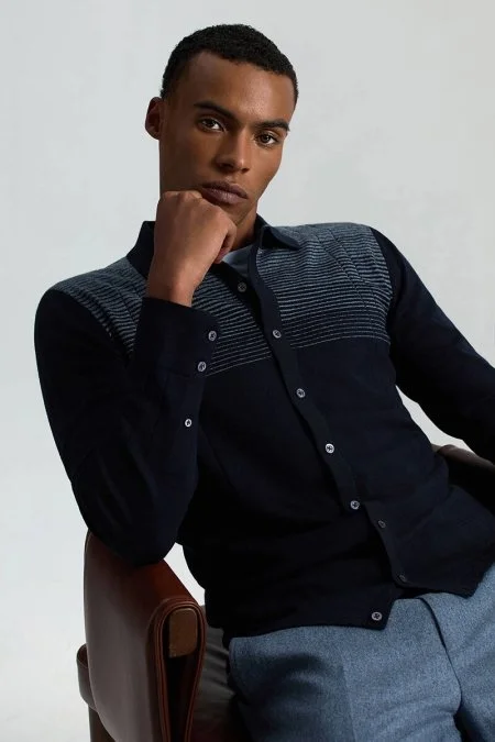Merino Yün Pamuk Karışım Şerit Desenli Lacivert Triko Gömlek