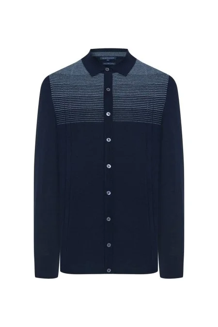 Merino Yün Pamuk Karışım Şerit Desenli Lacivert Triko Gömlek