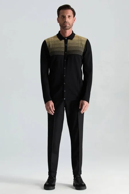 Merino Yün Pamuk Karışım Şerit Desenli Siyah Triko Gömlek