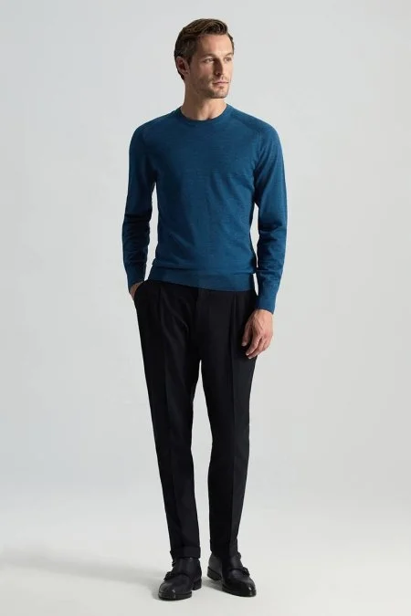 Merino Yün Petrol Mavisi Bisiklet Yaka Triko