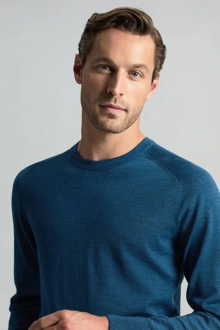 Merino Yün Petrol Mavisi Bisiklet Yaka Triko