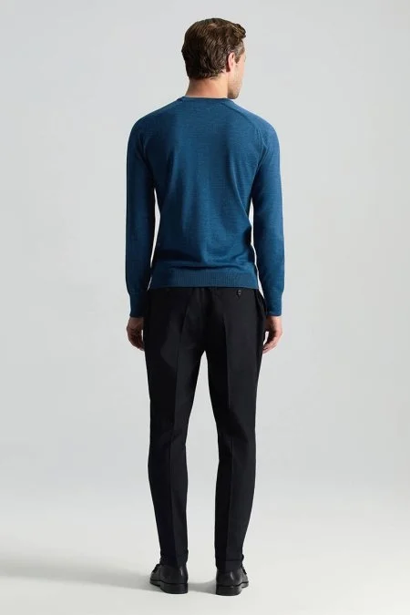 Merino Yün Petrol Mavisi Bisiklet Yaka Triko