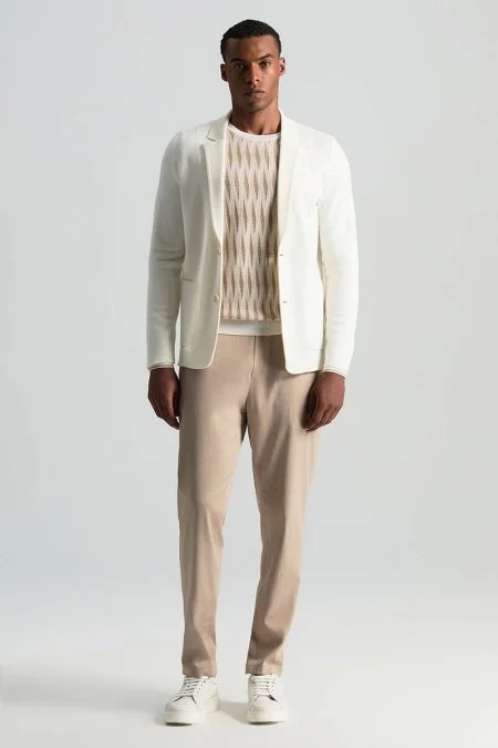 Merino Yün Şerit Desenli Ekru Bisiklet Yaka Triko