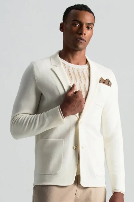 Merino Yün Şerit Desenli Ekru Bisiklet Yaka Triko