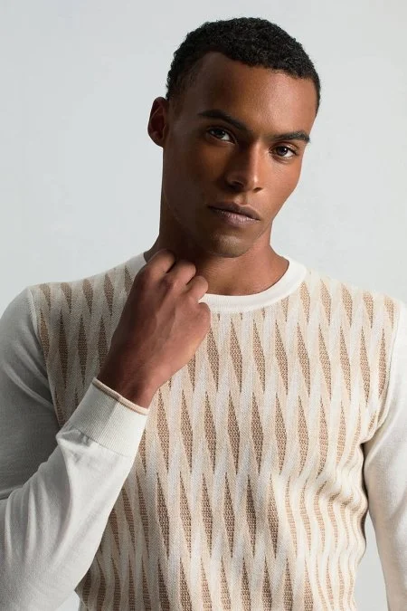 Merino Yün Şerit Desenli Ekru Bisiklet Yaka Triko
