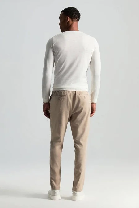 Merino Yün Şerit Desenli Ekru Bisiklet Yaka Triko