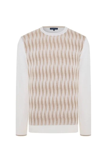 Merino Yün Şerit Desenli Ekru Bisiklet Yaka Triko