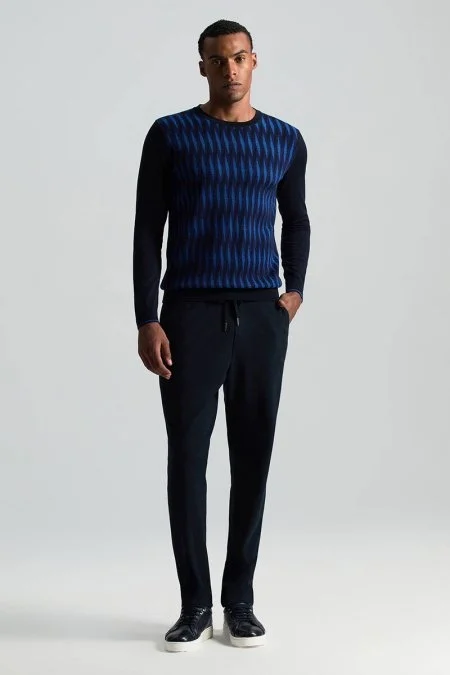 Merino Yün Şerit Desenli Lacivert Bisiklet Yaka Triko