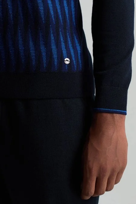 Merino Yün Şerit Desenli Lacivert Bisiklet Yaka Triko