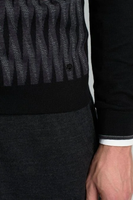 Merino Yün Şerit Desenli Siyah Bisiklet Yaka Triko