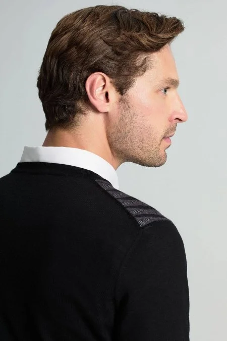 Merino Yün Şerit Desenli Siyah Bisiklet Yaka Triko