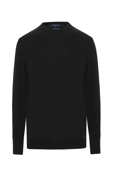 Merino Yün Siyah Bisiklet Yaka Triko