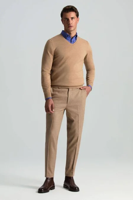 V Yaka Merino Yün Camel Triko