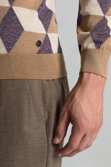 Merino Yünü Argyle Desen Lupetto Yaka Camel Triko