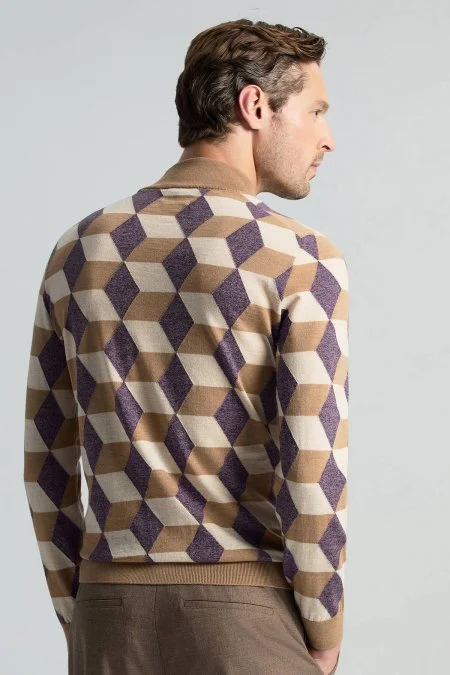 Merino Yünü Argyle Desen Lupetto Yaka Camel Triko