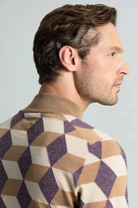 Merino Yünü Argyle Desen Lupetto Yaka Camel Triko