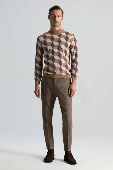 Merino Yünü Argyle Desen Lupetto Yaka Camel Triko