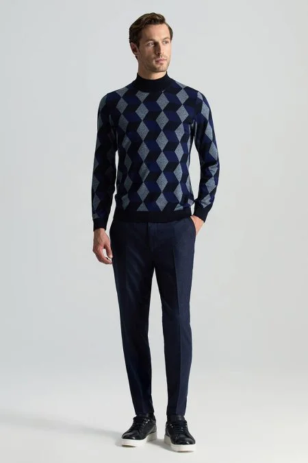 Merino Yünü Argyle Desen Lupetto Yaka Lacivert Triko