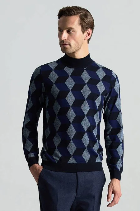 Merino Yünü Argyle Desen Lupetto Yaka Lacivert Triko