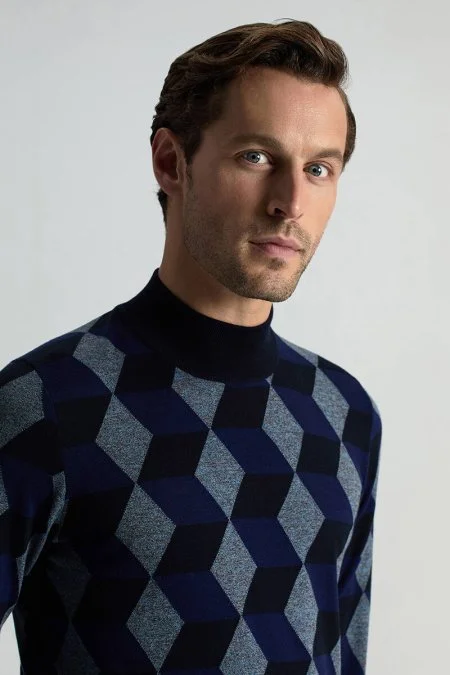 Merino Yünü Argyle Desen Lupetto Yaka Lacivert Triko
