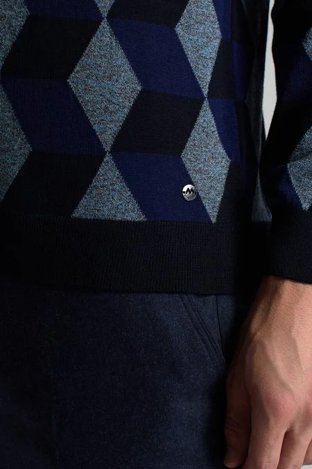 Merino Yünü Argyle Desen Lupetto Yaka Lacivert Triko