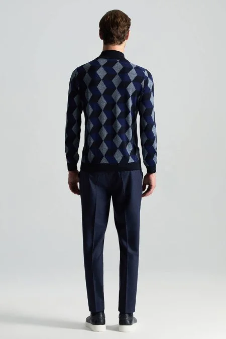 Merino Yünü Argyle Desen Lupetto Yaka Lacivert Triko