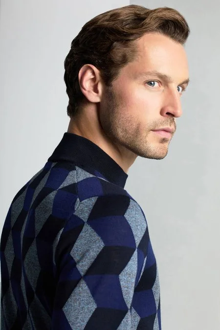 Merino Yünü Argyle Desen Lupetto Yaka Lacivert Triko