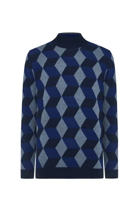 Merino Yünü Argyle Desen Lupetto Yaka Lacivert Triko