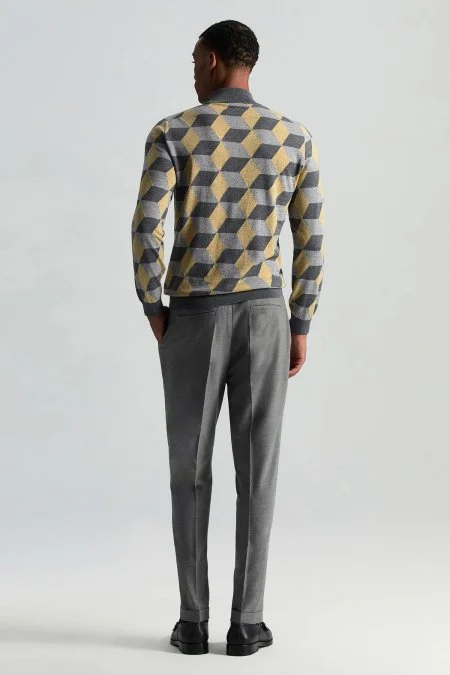 Merino Yünü Argyle Desen Lupetto Yaka Orta Gri Triko