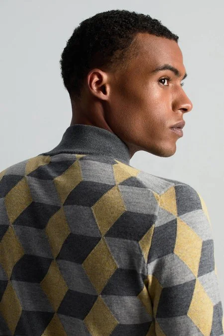 Merino Yünü Argyle Desen Lupetto Yaka Orta Gri Triko