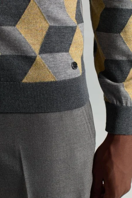 Merino Yünü Argyle Desen Lupetto Yaka Orta Gri Triko