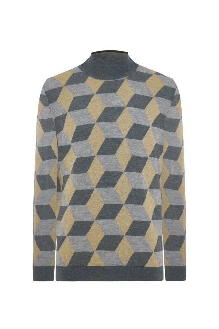 Merino Yünü Argyle Desen Lupetto Yaka Orta Gri Triko