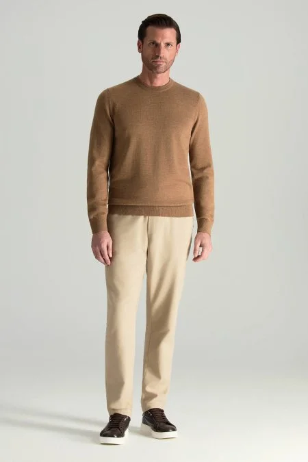 Merino Yünü Bisiklet Yaka Camel Triko Kazak