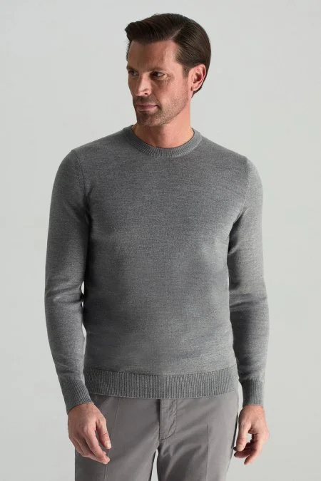 Merino Yünü Bisiklet Yaka Gri Triko Kazak