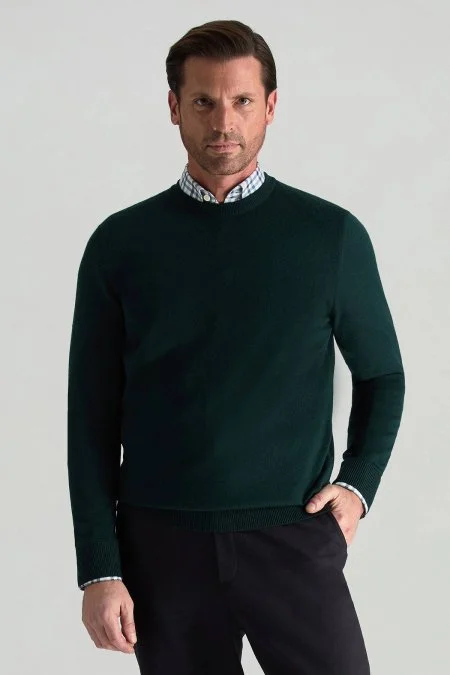 Merino Yünü Bisiklet Yaka Koyu Yeşil Triko Kazak