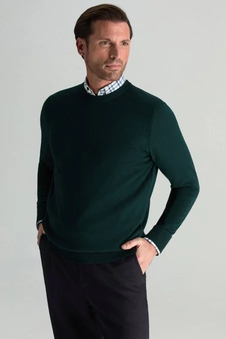 Merino Yünü Bisiklet Yaka Koyu Yeşil Triko Kazak
