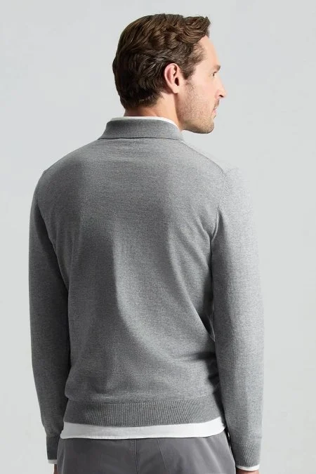 Merino Yünü Polo Yaka Açık Gri Triko